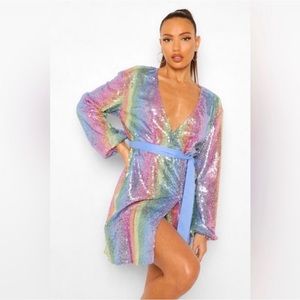 Boohoo Plus Rainbow Sequin Wrap Dress NO BELT